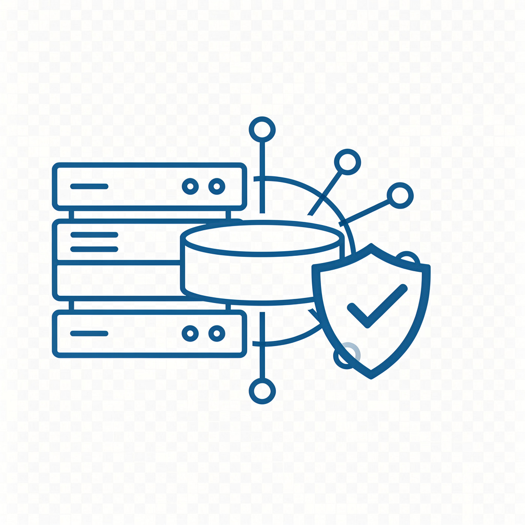 Symbol IT und Digitalisierung: Server, Datenbank und Schutzschild mit Häkchen (KI-generiert, Black Forest Labs)